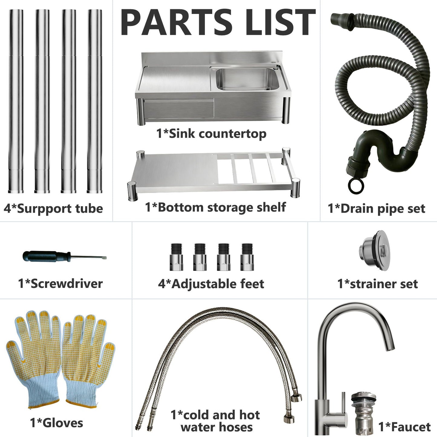 Outdoor utility sink kit in silver by HouseOfZazla: bottom shelf, 4 tubes, drain pipe set on Tampa Home & Garden Store