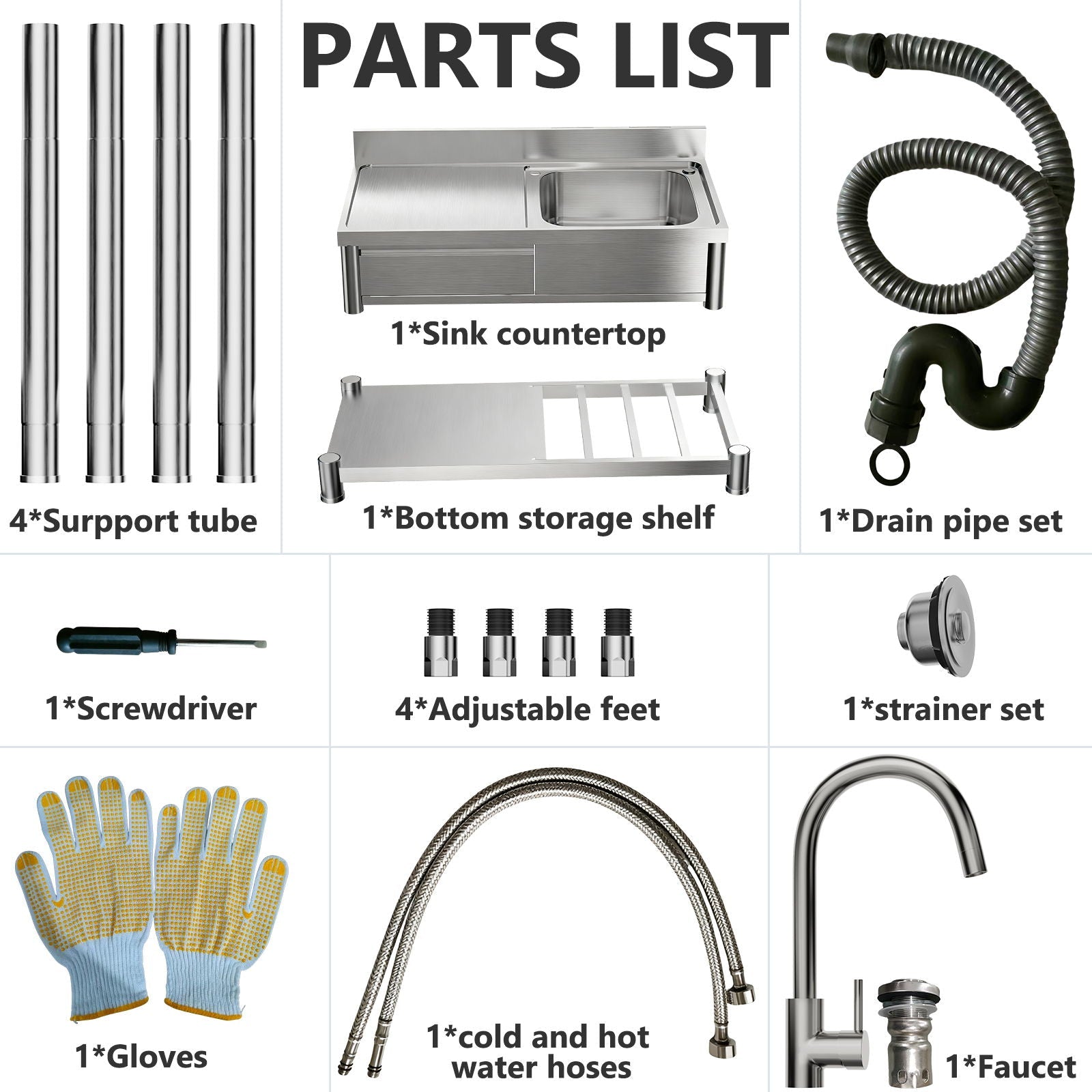 Outdoor utility sink kit in silver by HouseOfZazla: bottom shelf, 4 tubes, drain pipe set on Tampa Home & Garden Store