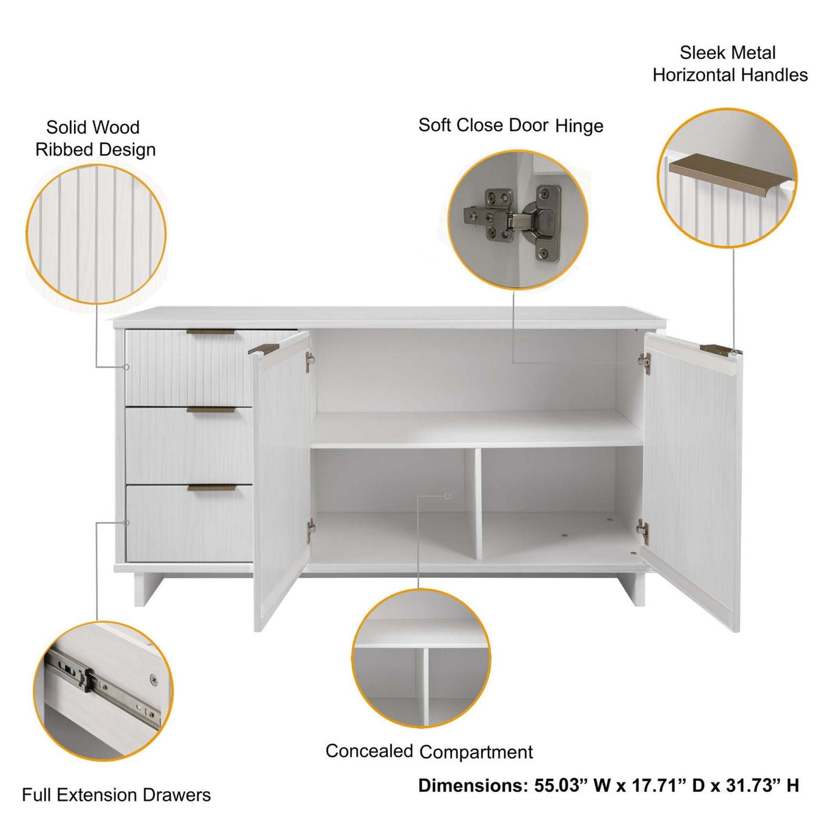 Granville Sideboard with full-extension drawers in white ribbed wood by HouseOfZazla on Tampa Home & Garden Store