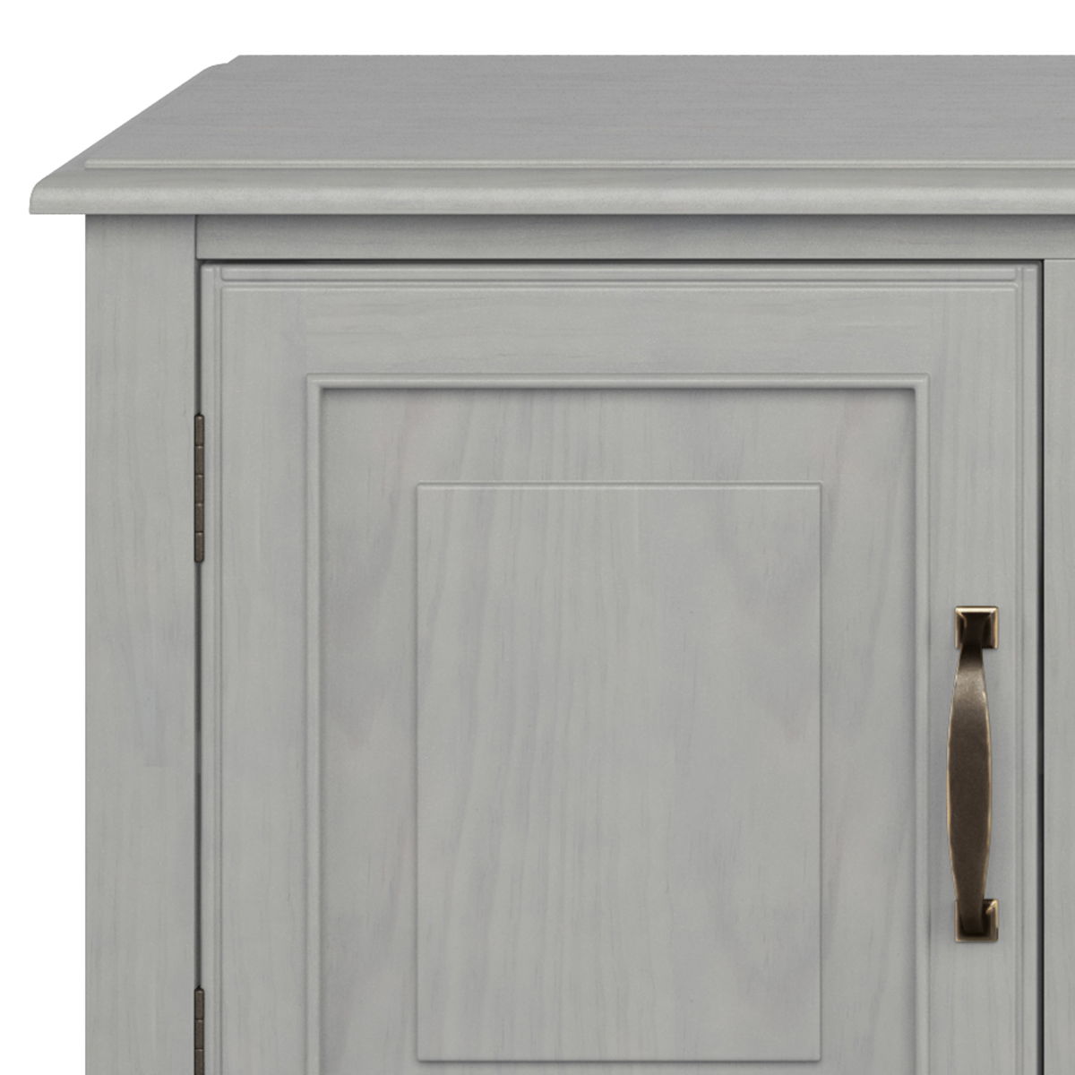 Sturdy solid wood TV stand with wide storage, gray wash finish, bronze handle on Tampa Home & Garden Store