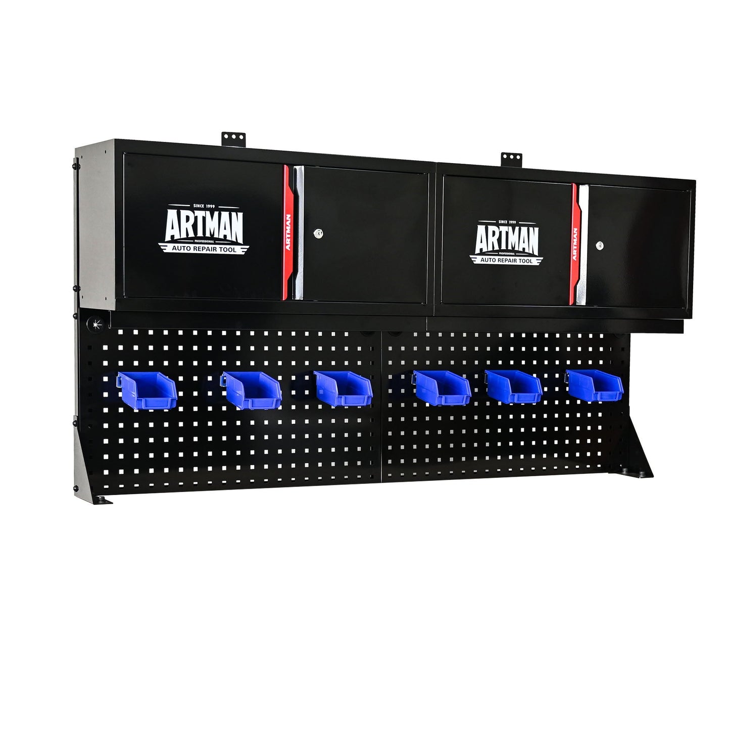 Wall mounted double-door storage cabinet with tool rack, black steel red accents, Artman on Tampa Home & Garden Store