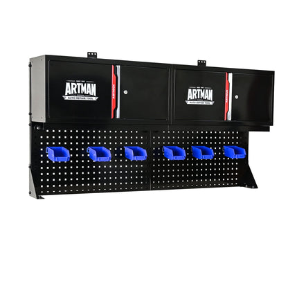 Wall mounted double-door storage cabinet with tool rack, black steel red accents, Artman on Tampa Home & Garden Store