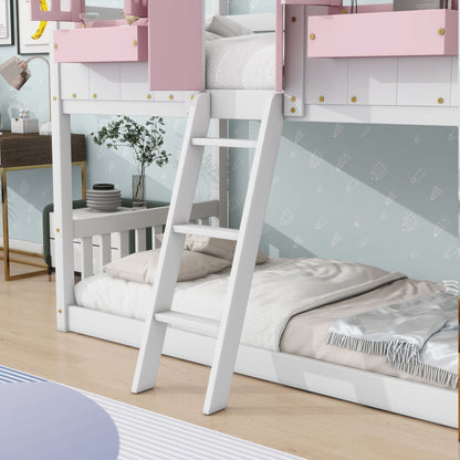 House bunk bed with roof, window, window box, door, guardrails and ladder in pink and white on Tampa Home & Garden Store