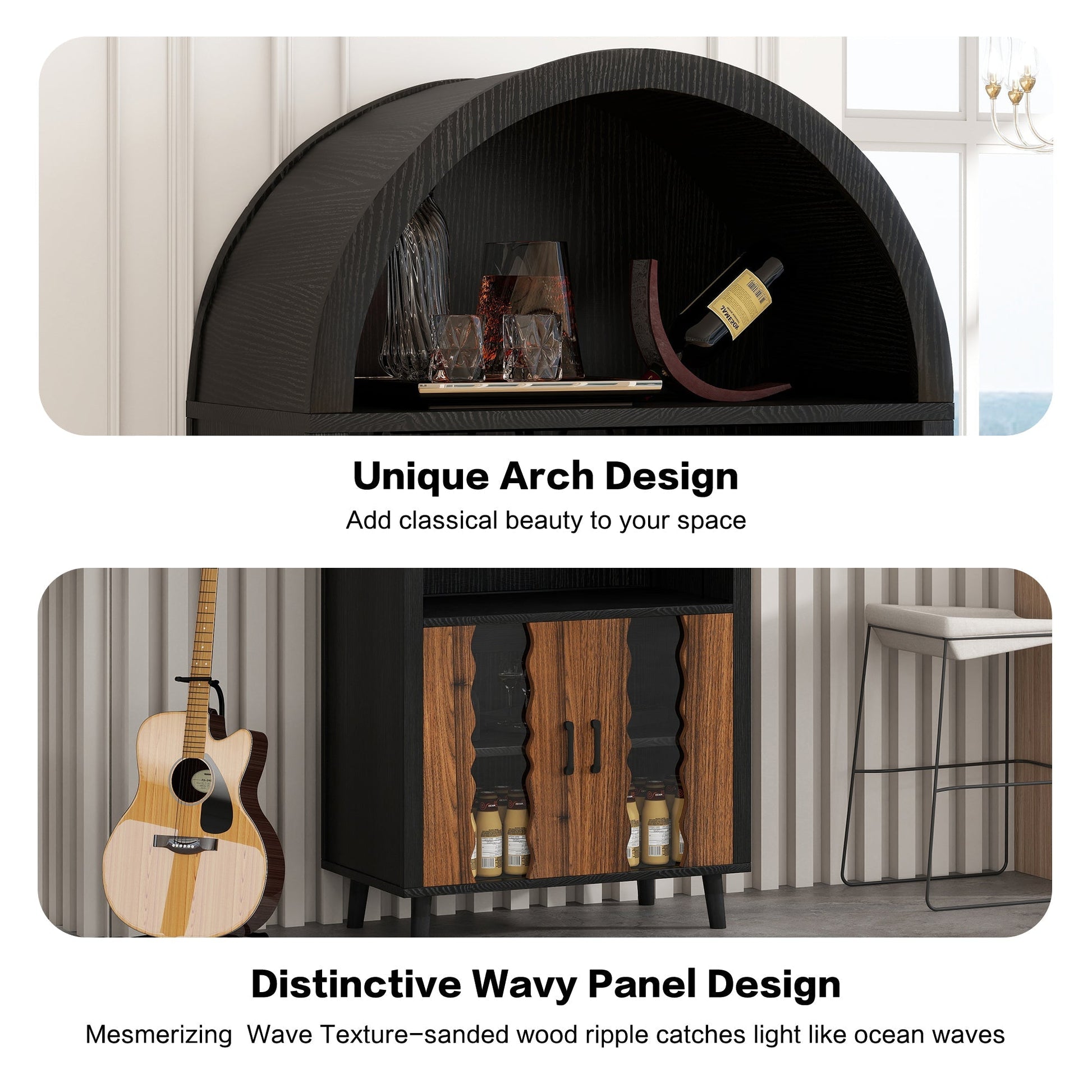 71' Farmhouse Arched Wine Bar Cabinet black wood with bottle rack and HouseOfZazla on Tampa Home & Garden Store