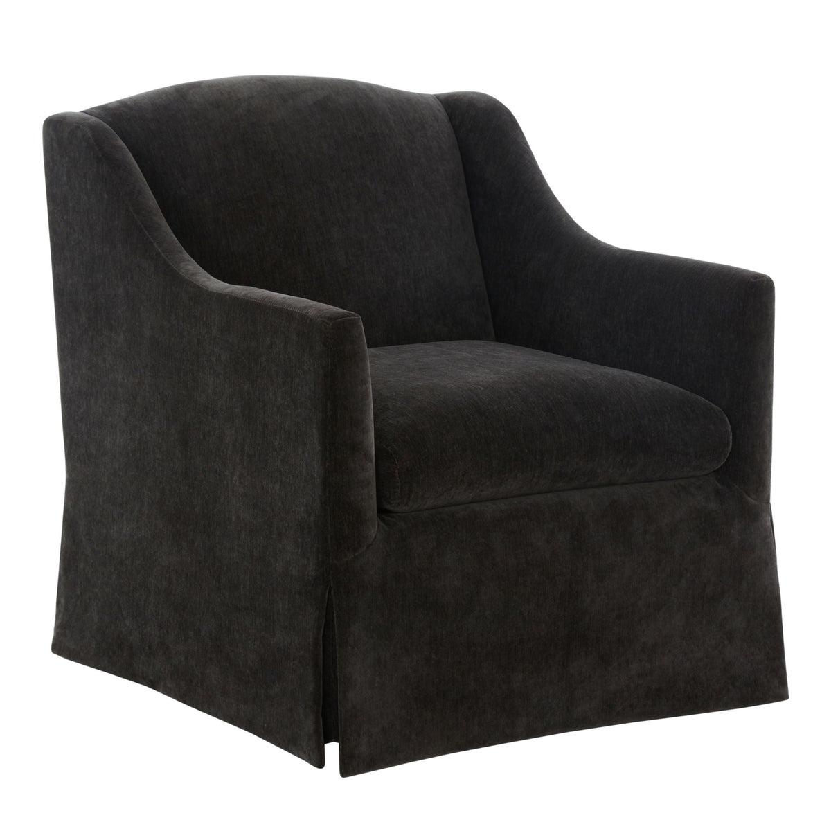 Skirted swivel accent chair with 360-degree swivel base in dark charcoal fabric on Tampa Home & Garden Store
