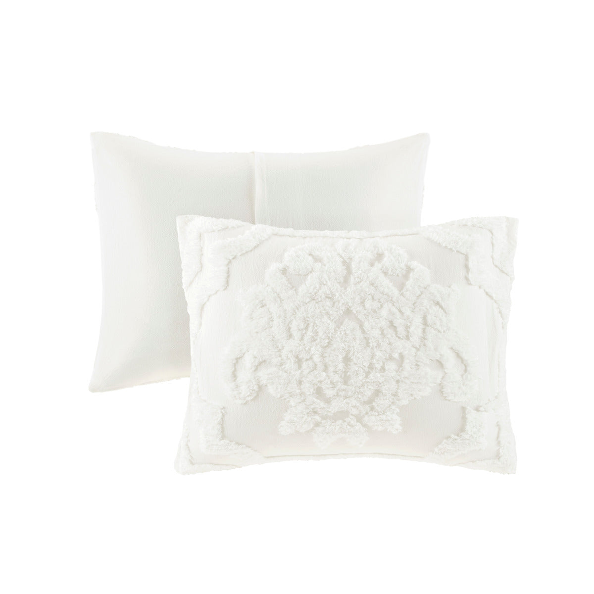 3 Piece Tufted Cotton Chenille Damask Comforter Set Off-White with two shams and a pillow on Tampa Home & Garden Store
