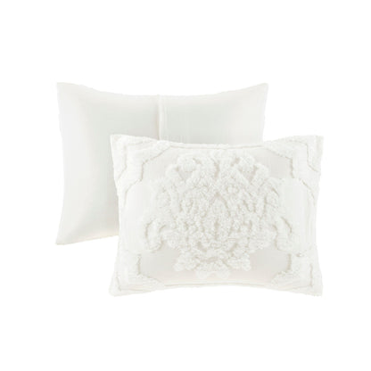 3 Piece Tufted Cotton Chenille Damask Comforter Set Off-White with two shams and a pillow on Tampa Home & Garden Store