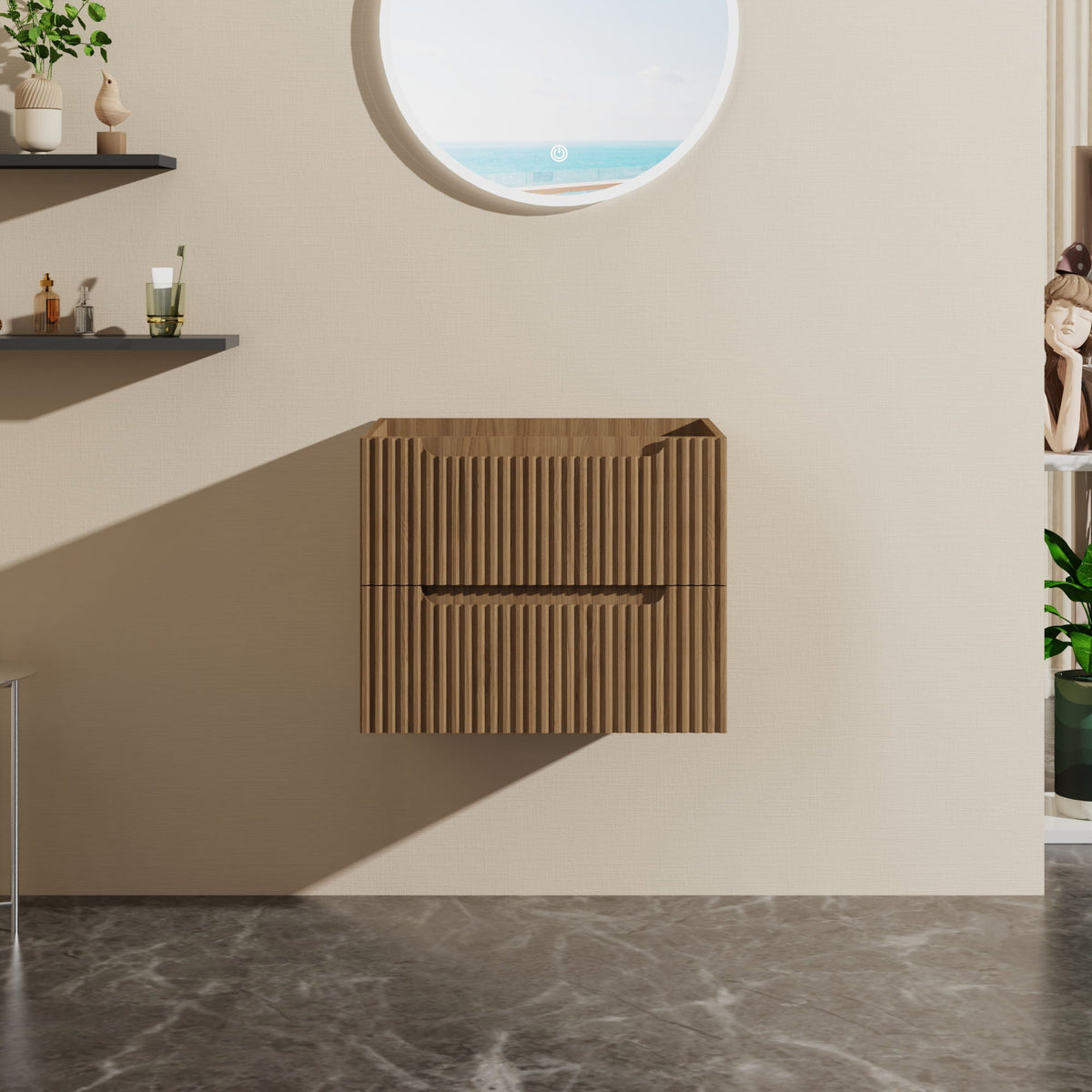 24-inch Walnut wall-mount vanity with soft-close drawers, vertical slat front HouseOfZazla on Tampa Home & Garden Store