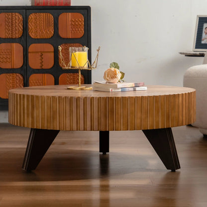 Round Retro Coffee Table with Solid Wood Legs
