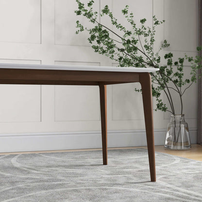 Levi modern rectangular dining table in warm wood finish with slim legs beside a green plant on Tampa Home & Garden Store