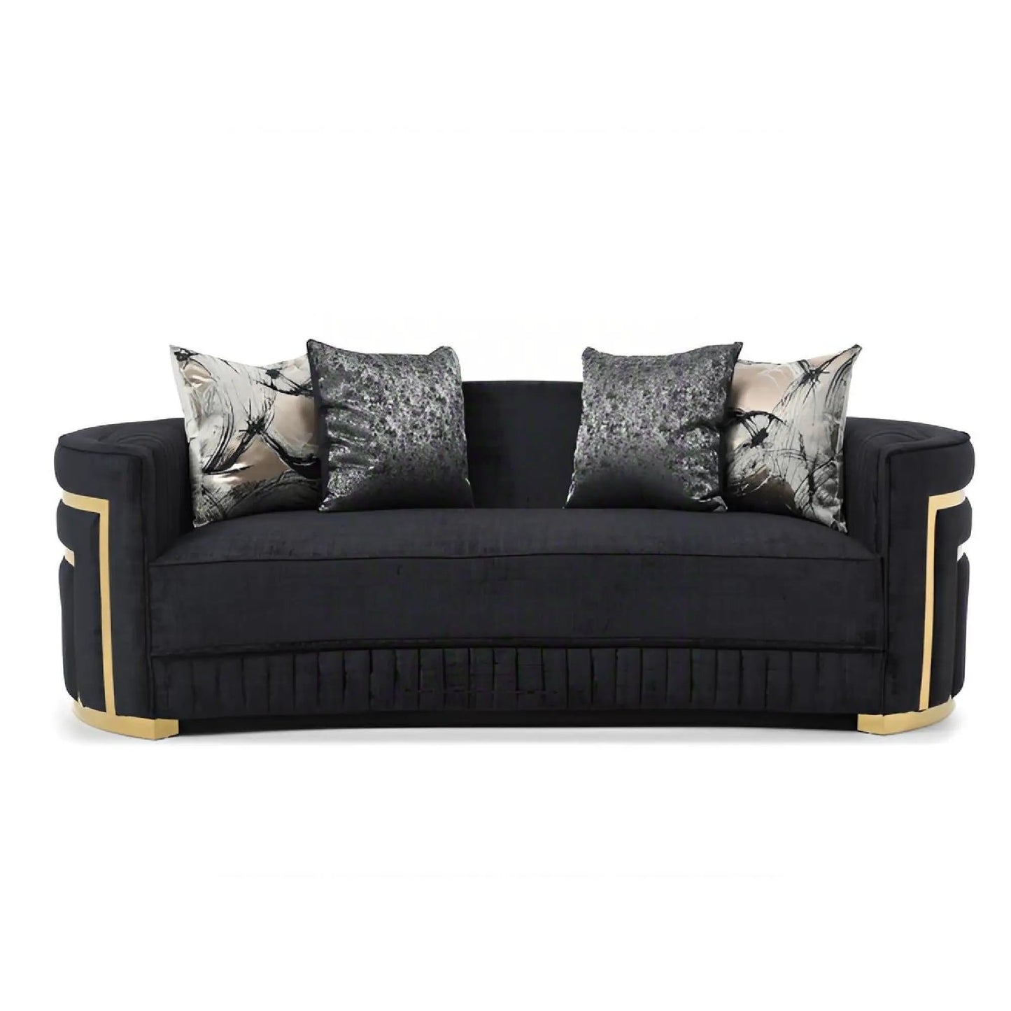 Soledad sofa, black upholstery with gold trim and five decorative cushions on Tampa Home & Garden Store