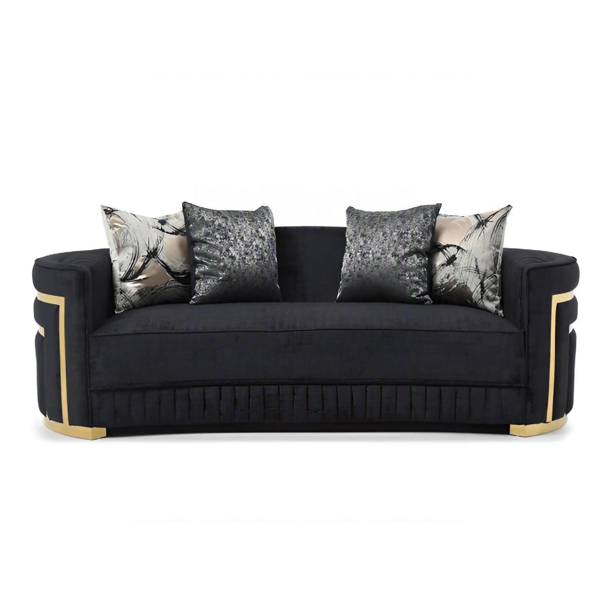 Soledad sofa, black upholstery with gold trim and five decorative cushions on Tampa Home & Garden Store