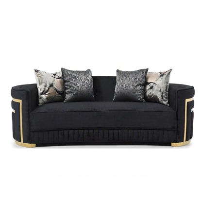 Soledad sofa, black upholstery with gold trim and five decorative cushions on Tampa Home & Garden Store