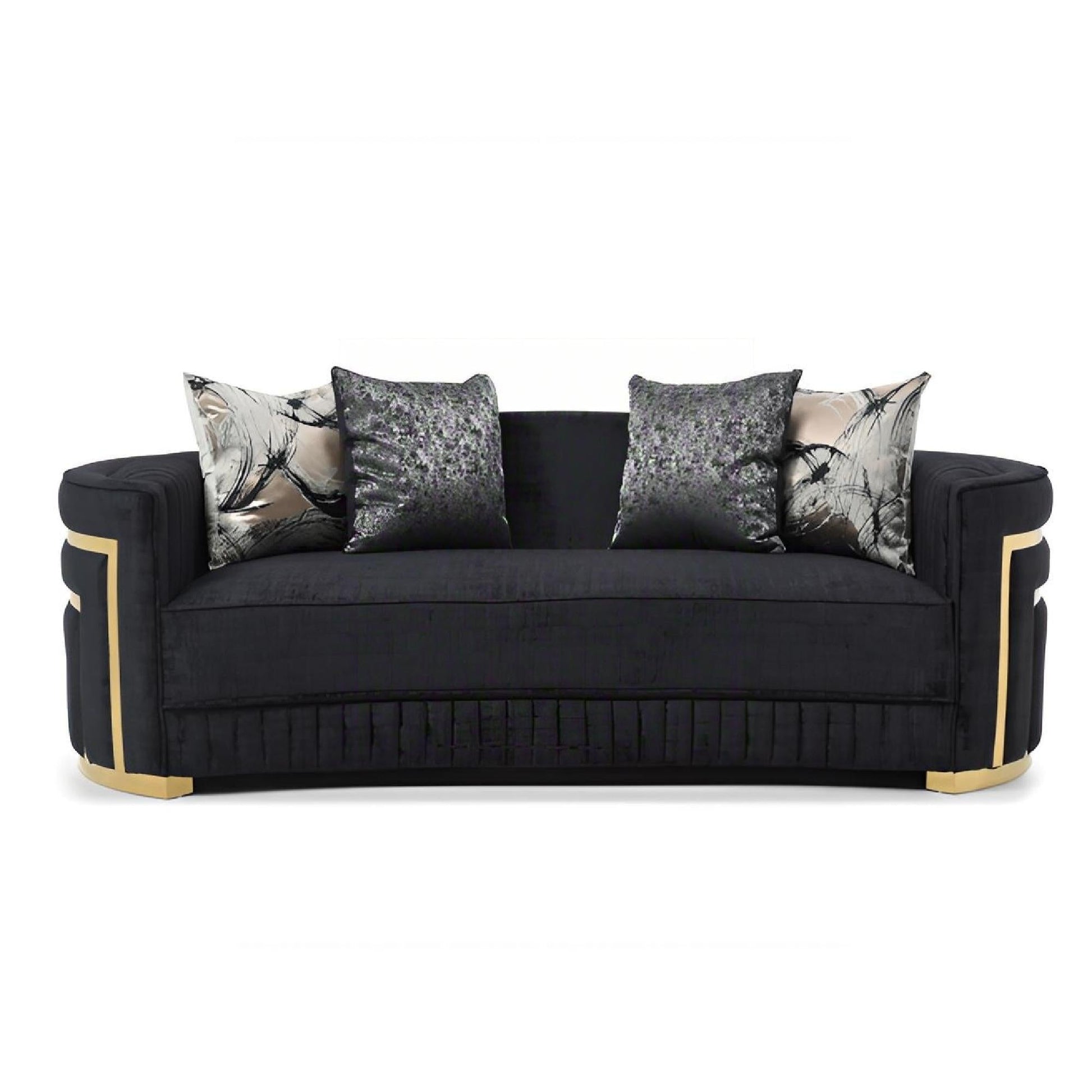 Soledad black upholstered sofa by HouseOfZazla with gold-tone trim and patterned cushions on Tampa Home & Garden Store