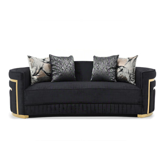 Soledad black upholstered sofa by HouseOfZazla with gold-tone trim and patterned cushions on Tampa Home & Garden Store