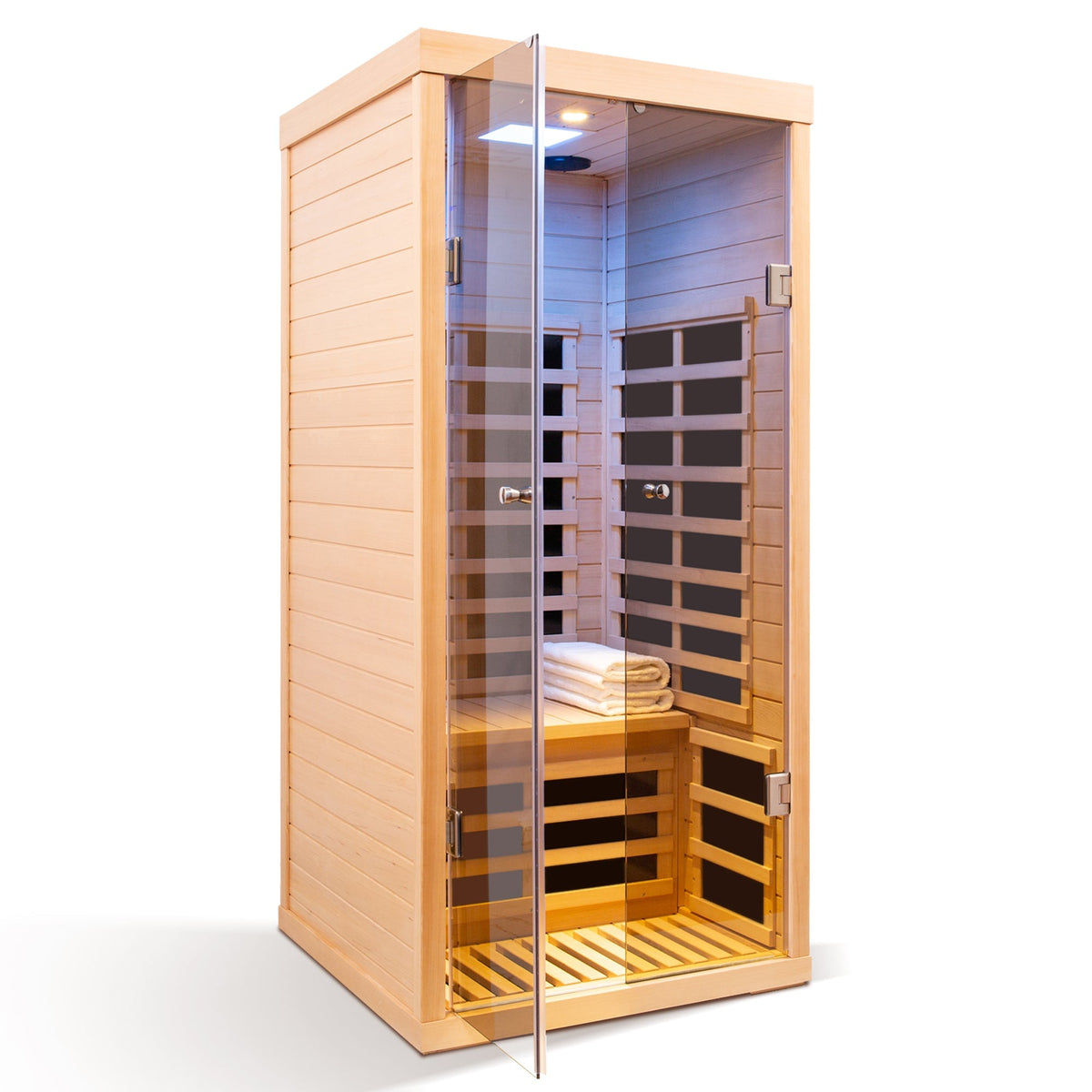 Low EMF infrared double sauna room in natural wood with Bluetooth & LED lighting, glass doors on Tampa Home & Garden Store