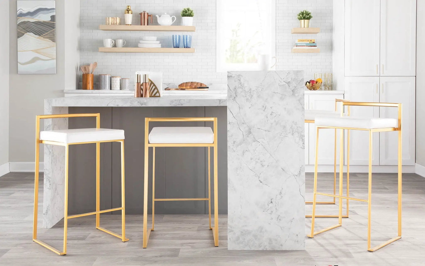 Fuji Contemporary Glam Barstool set with gold frames and white cushions, 3 stools at island on Tampa Home & Garden Store
