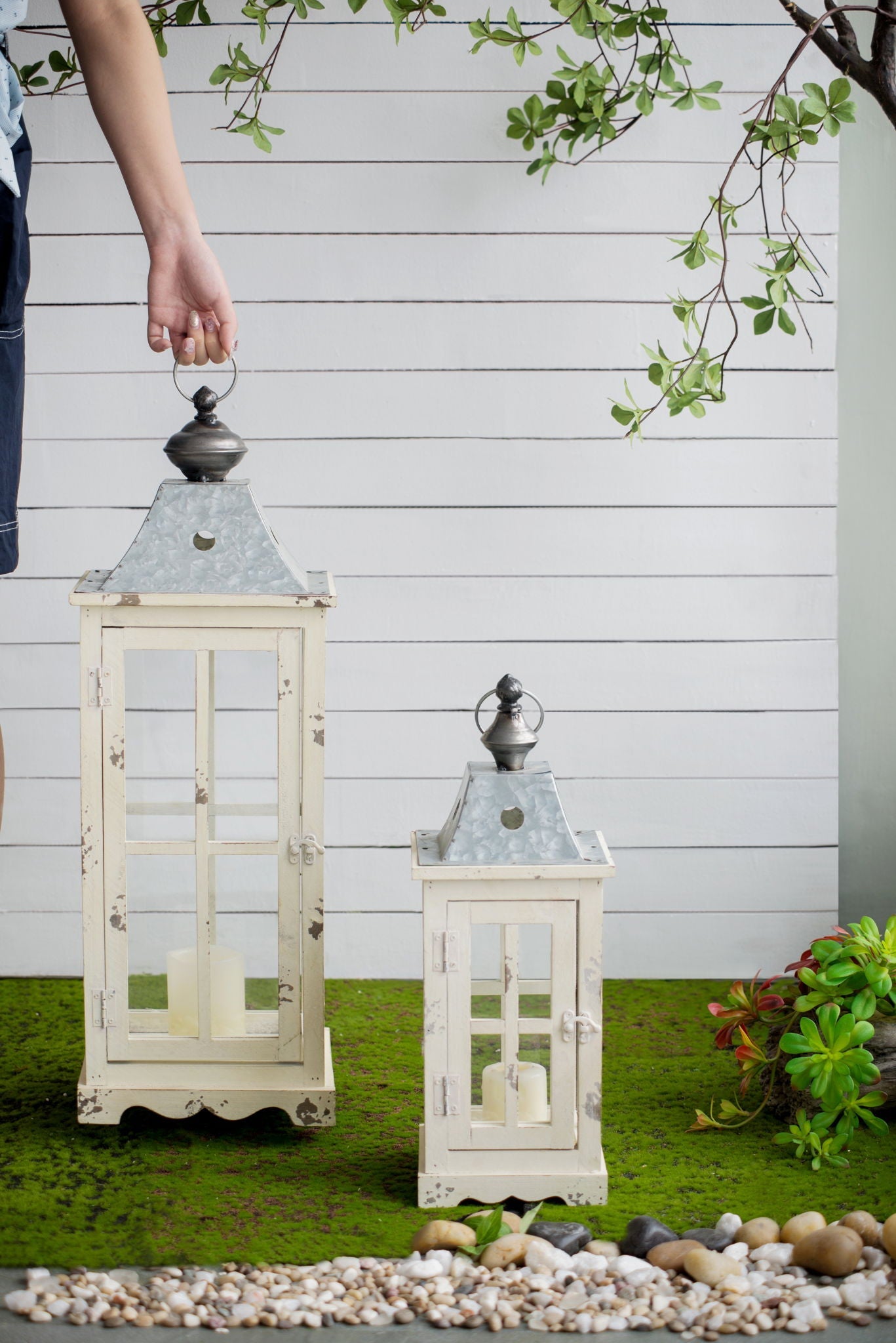 Ivory Wooden Candle Lantern and Vintage Decor