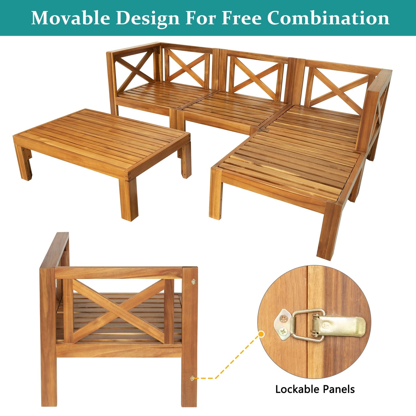Acacia Wood Outdoor Patio Sectional Sofa Set