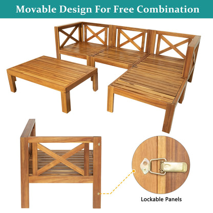Acacia Wood Outdoor Patio Sectional Sofa Set