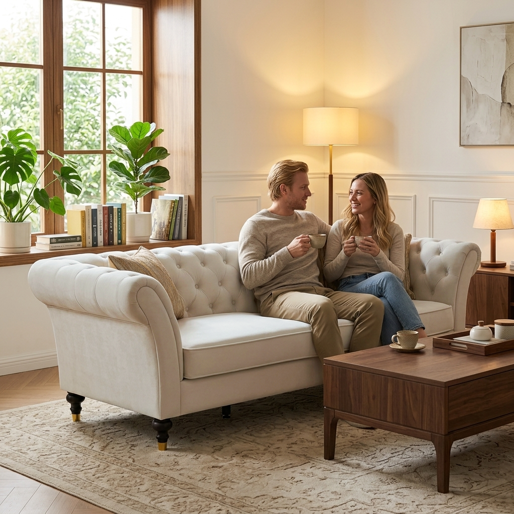 88.5-inch Chesterfield Sofa by HouseOfZazla, beige tufted fabric with rolled arms on Tampa Home & Garden Store