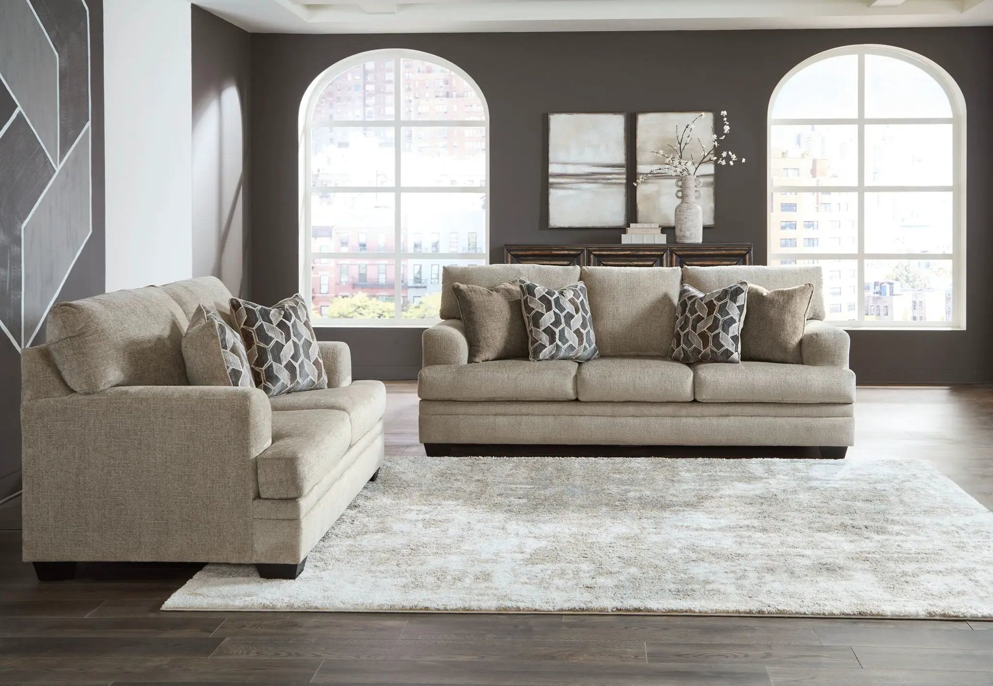 Stonemeade 3-Piece Living Room Set beige with geometric-pattern pillows by Unique Piece Furniture on Tampa Home & Garden Store