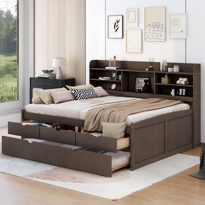 Captain bed with built-in bookshelves, 3 storage drawers and trundle in dark brown finish on Tampa Home & Garden Store
