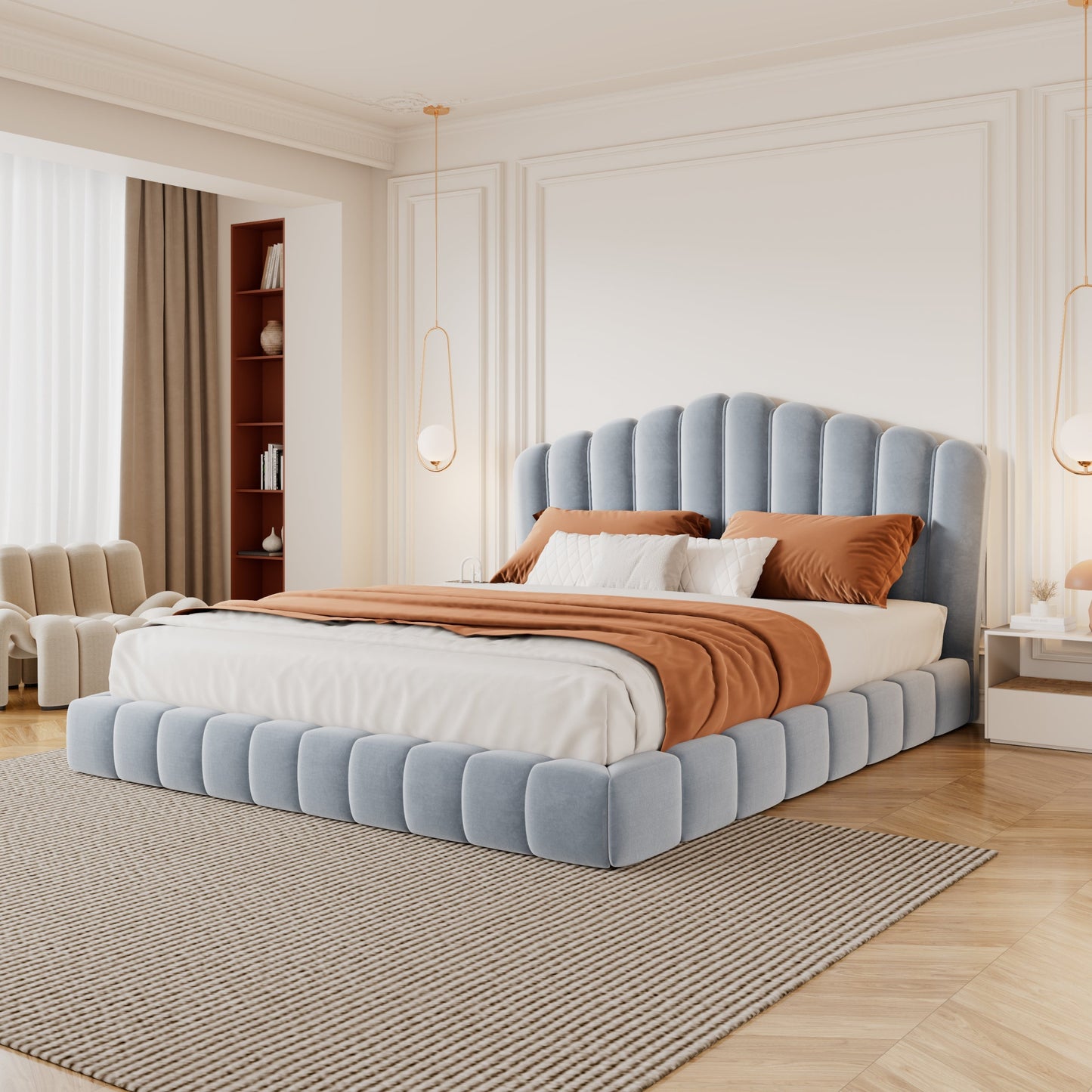 Velvet Upholstered Queen Bed with Shell Headboard