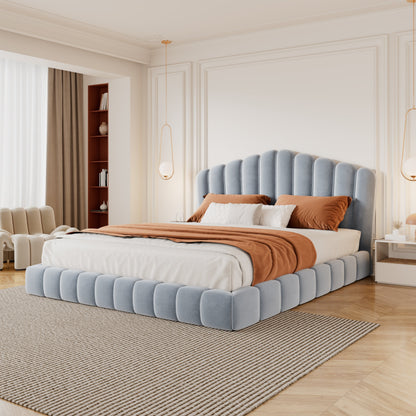 Velvet Upholstered Queen Bed with Shell Headboard