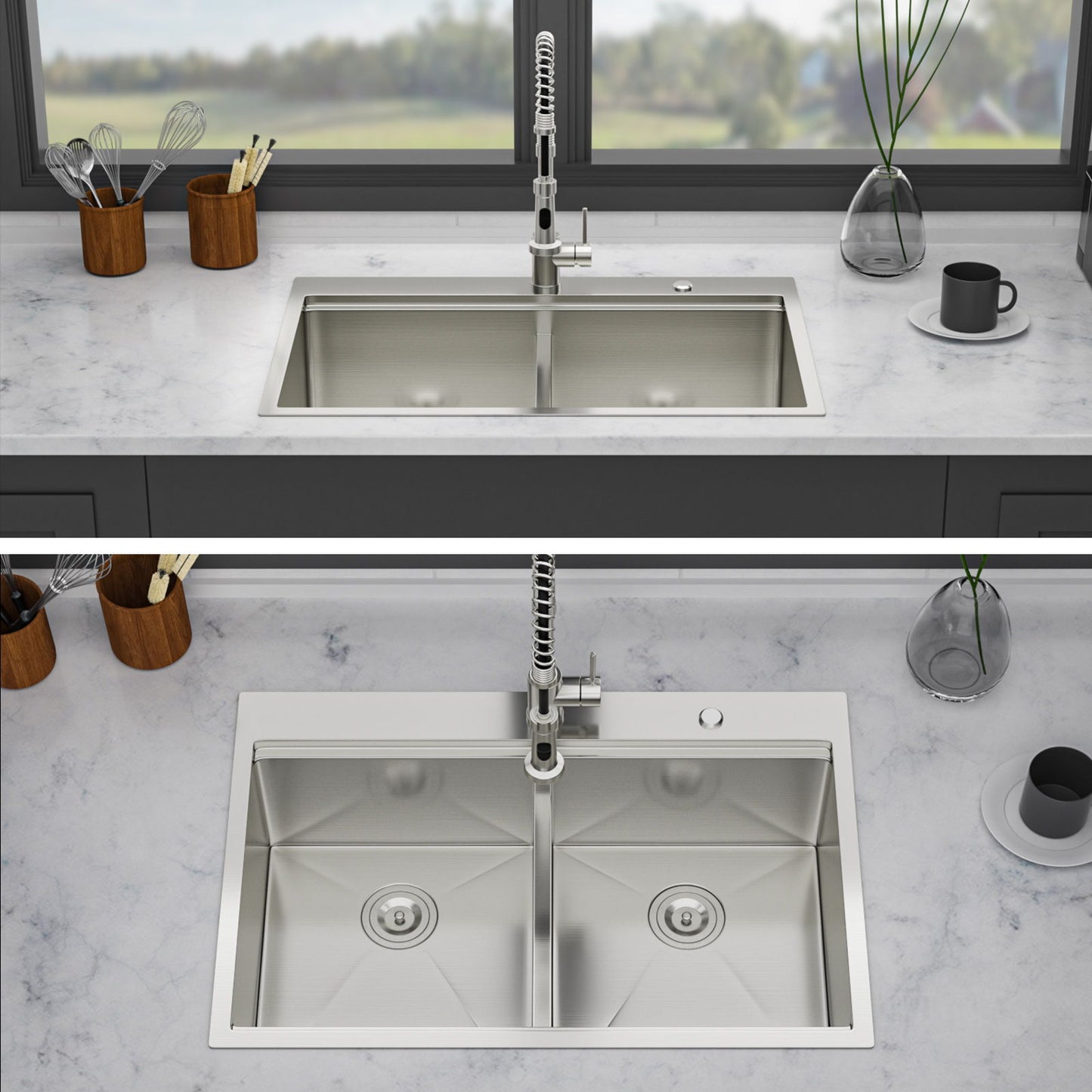 Double Bowl and Stainless Steel Top Mount Sink