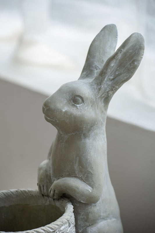 Meridian Trade Co Decorative Cement Rabbit Planter with woven basket, gray finish on Tampa Home & Garden Store