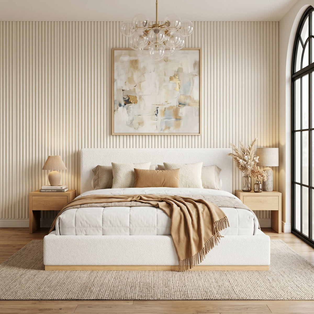 Elegant upholstered bed in cream fabric with light wood base, beige bedding by HouseOfZazla on Tampa Home & Garden Store
