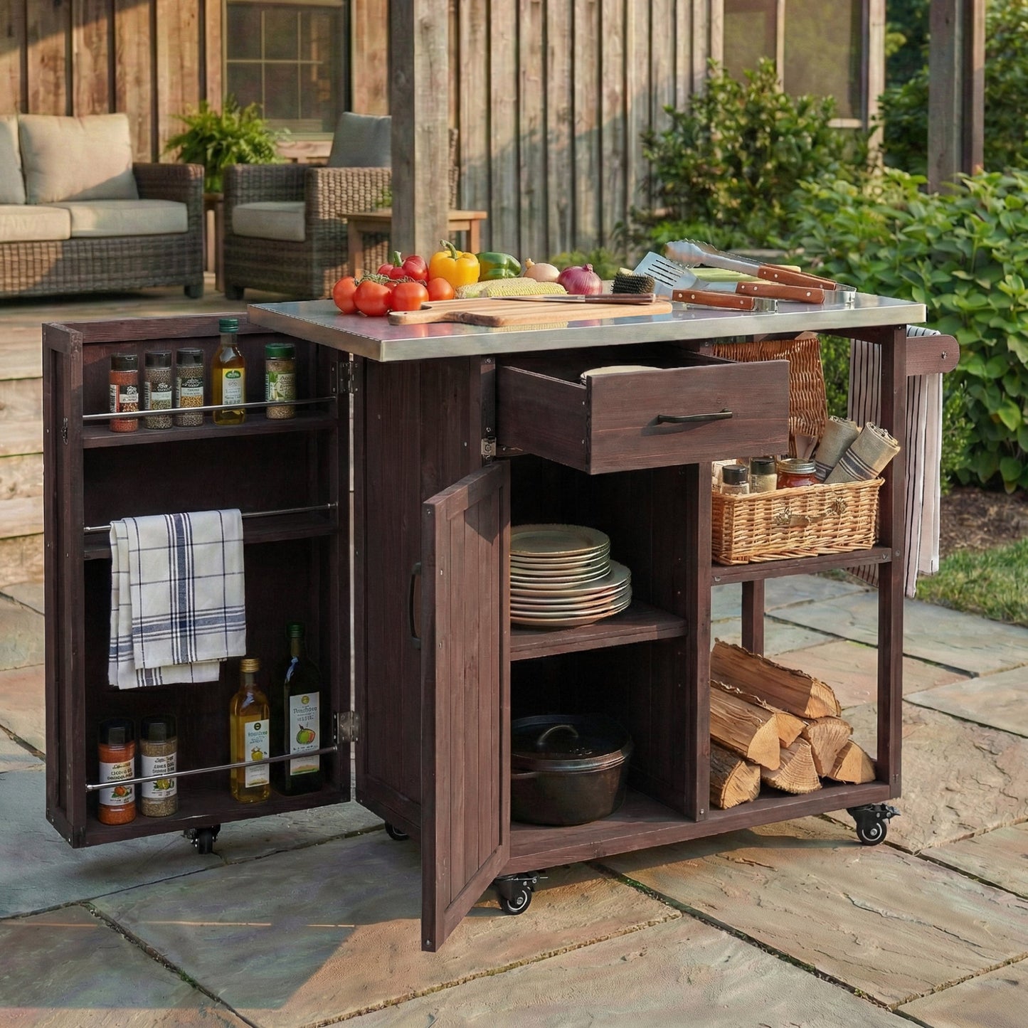 Outdoor Kitchen Island Fir Wood Prep Station with stainless steel top, dark brown, casters on Tampa Home & Garden Store