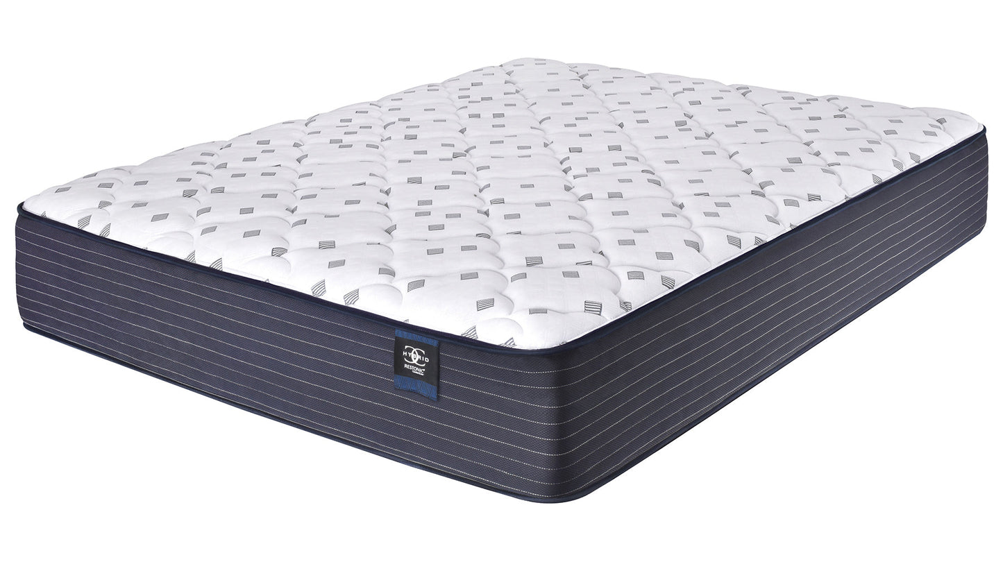 Mattress Restonic comfortcare hybrid innerspring firm by HouseOfZazla with white quilted top and gray square motifs on a navy pinstriped base