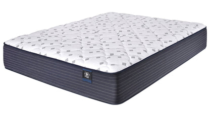 Mattress Restonic comfortcare hybrid innerspring firm by HouseOfZazla with white quilted top and gray square motifs on a navy pinstriped base