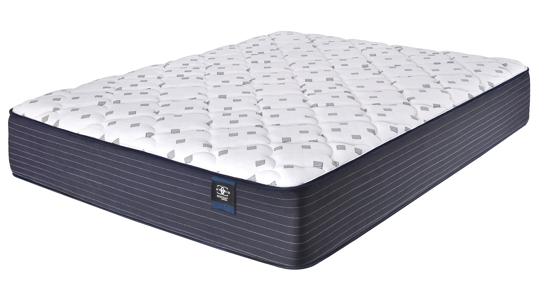 Restonic comfortcare hybrid plush mattress with white quilted top and navy pinstriped base on Tampa Home & Garden Store
