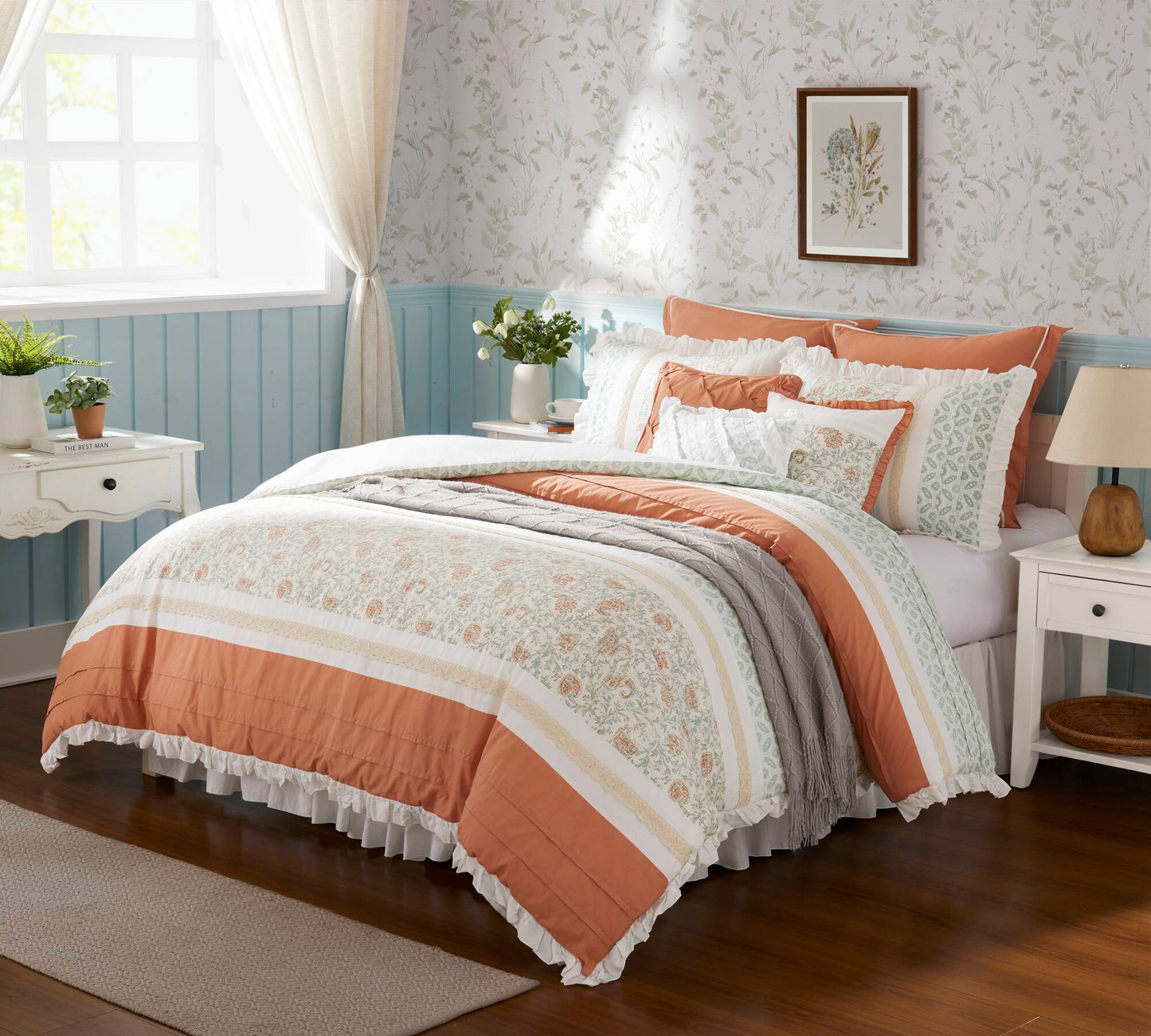 9-Piece Coral Queen Cotton Percale Comforter Set with white ruffled shams on Tampa Home & Garden Store