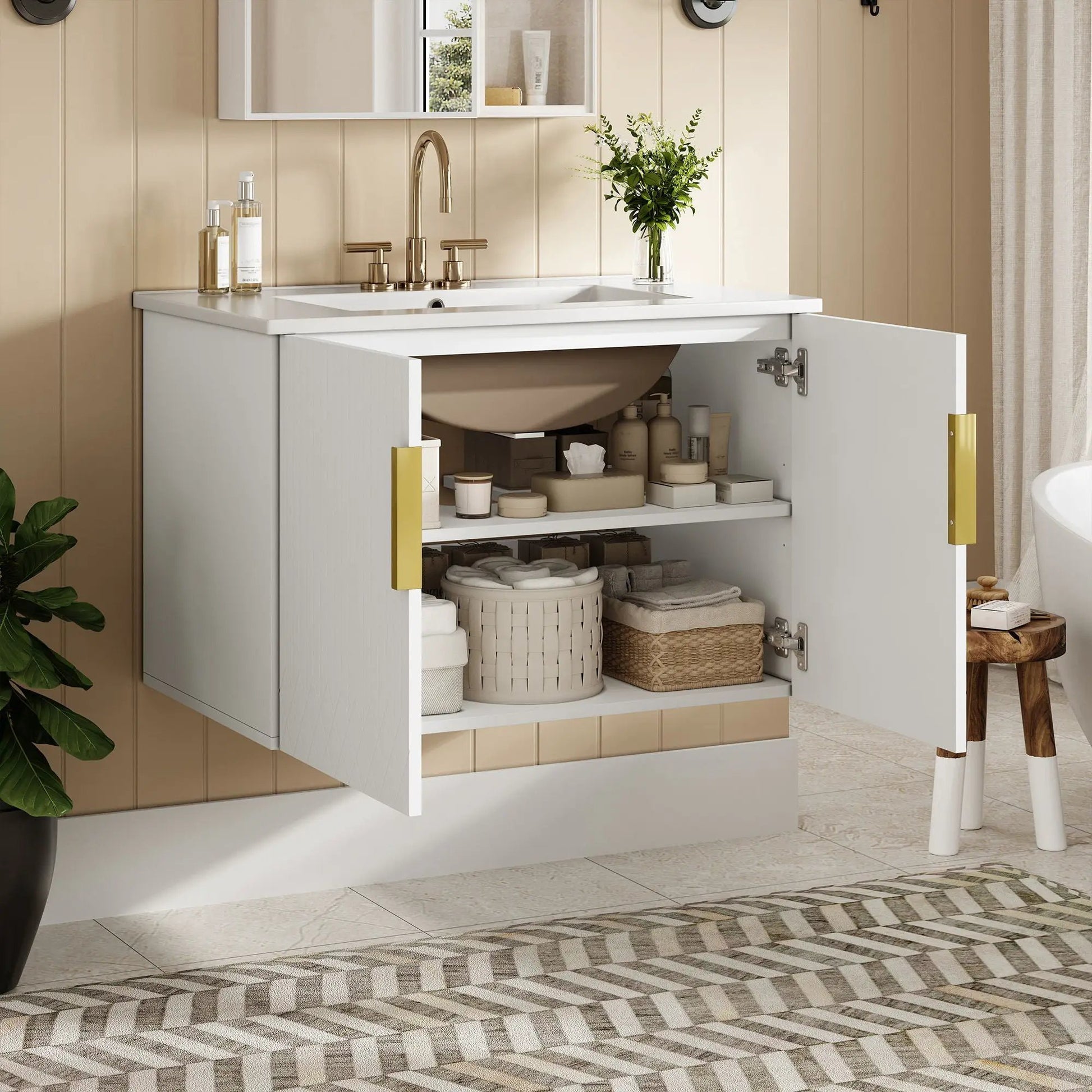 Bathroom vanity with sink, white rectangular storage cabinet with two soft-closing doors and brass hardware on Tampa Home & Garden Store