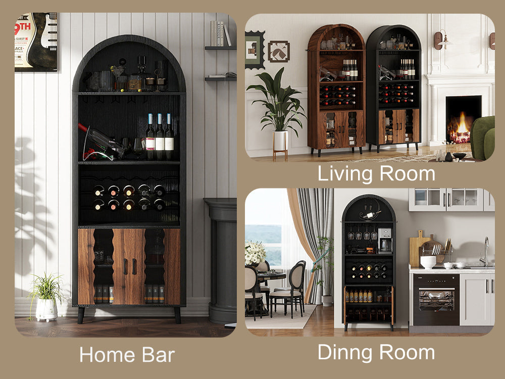 71' Farmhouse Arched Wine Bar Cabinet by HouseOfZazla; black wood finish with bottle racks on Tampa Home & Garden Store