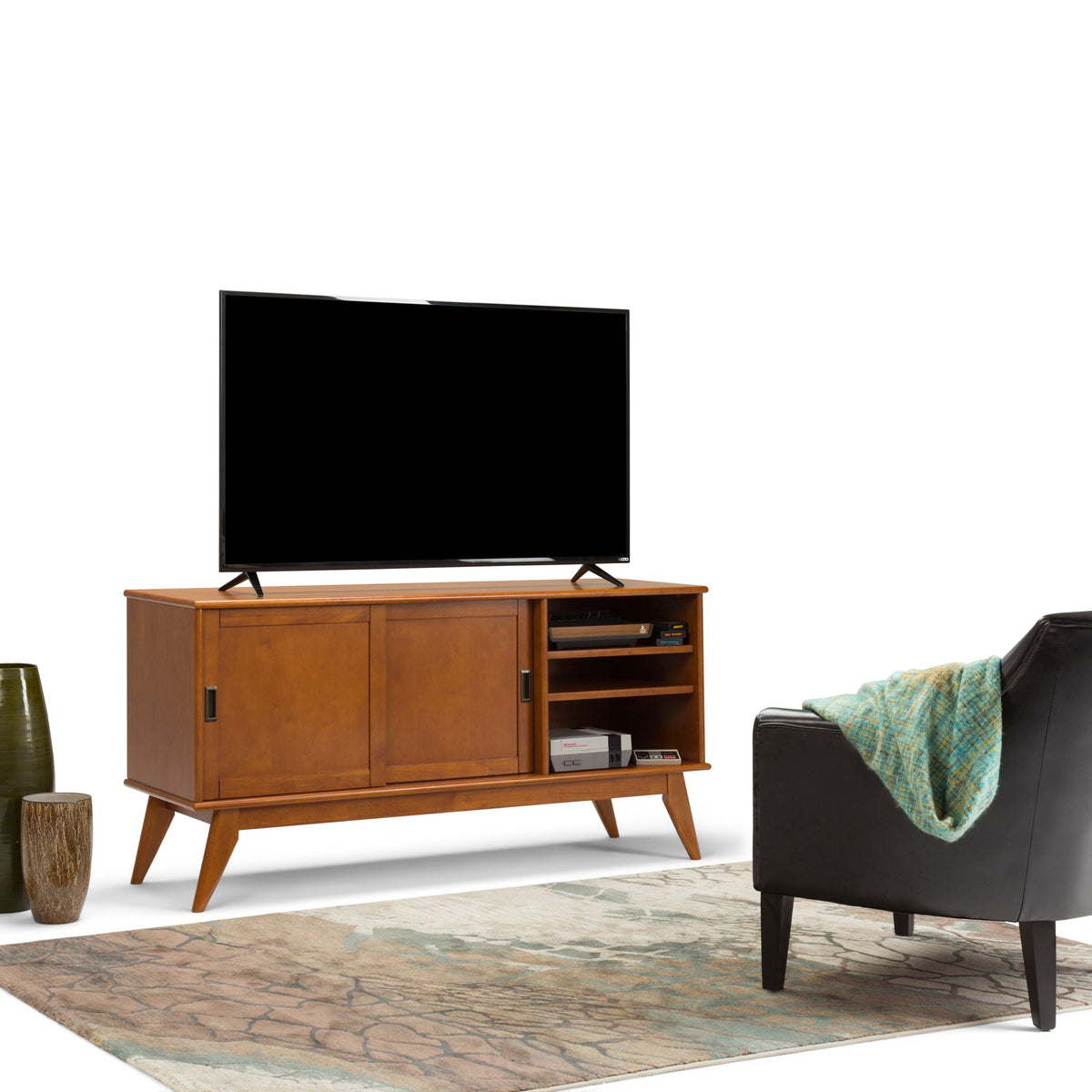 Handcrafted mid century TV stand and storage in warm wood finish by HouseOfZazla on Tampa Home & Garden Store