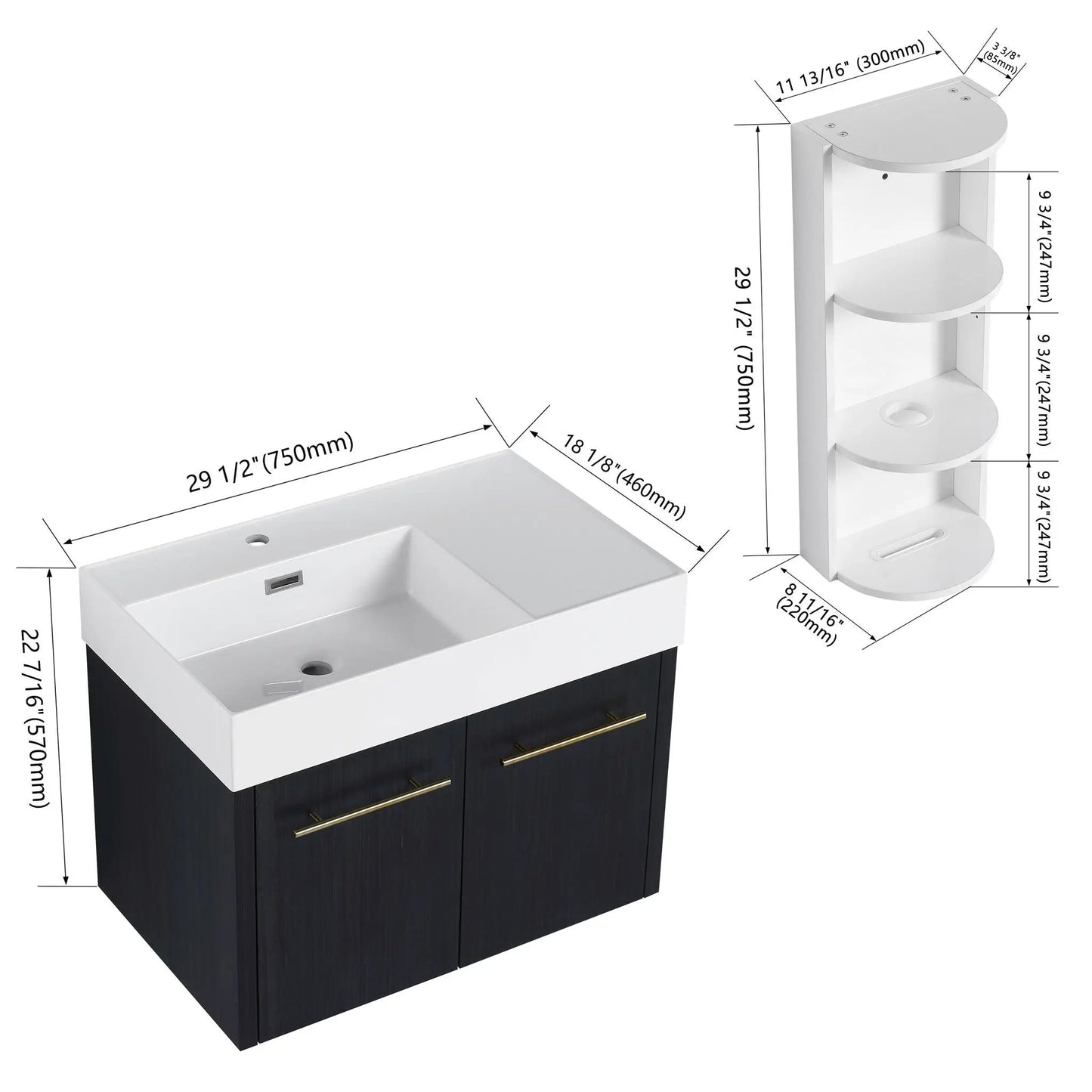 Modern Wall Mounted Vanity Resin Sink and Rack