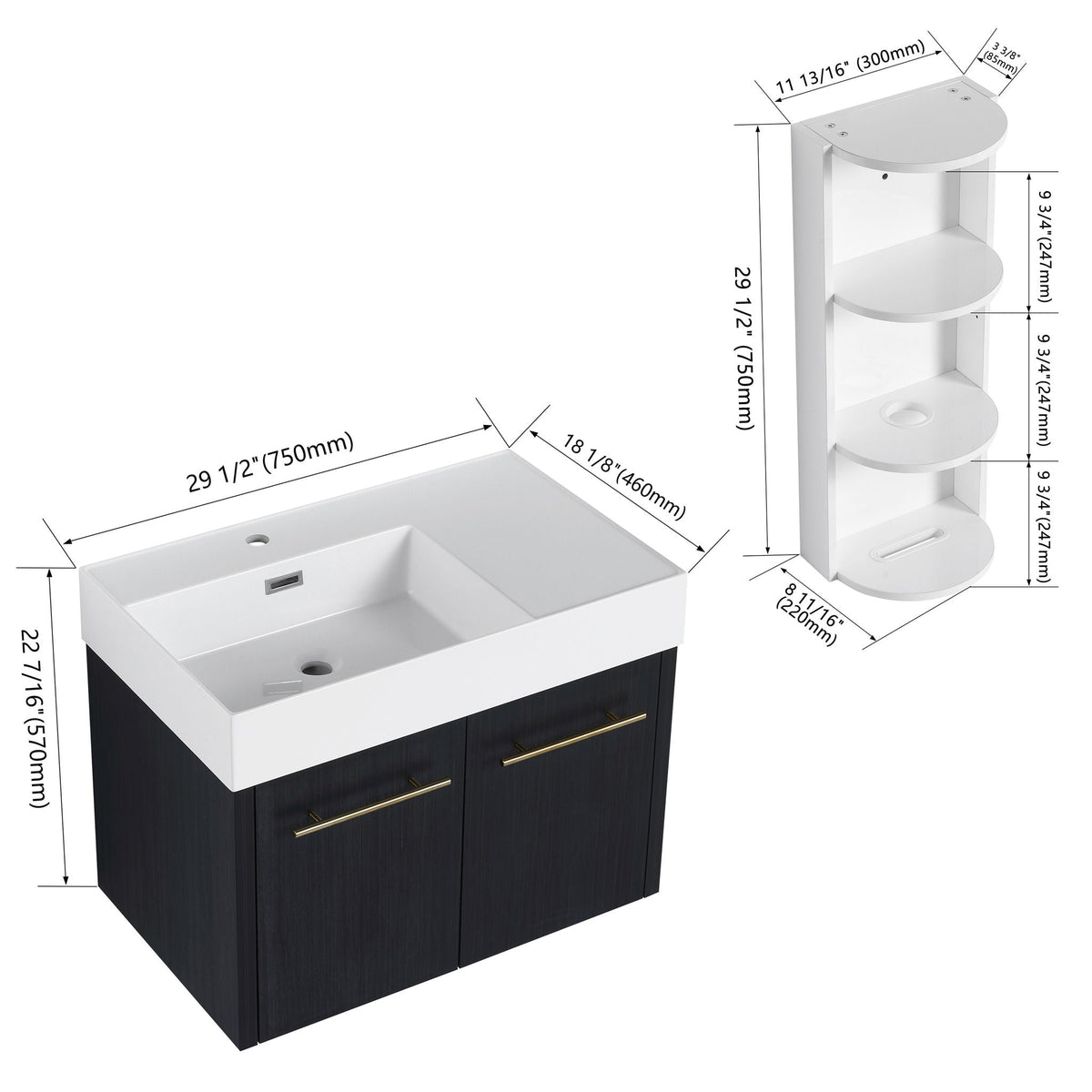 HouseOfZazla modern wall-mounted vanity with resin sink and storage rack, white top cabinet on Tampa Home & Garden Store