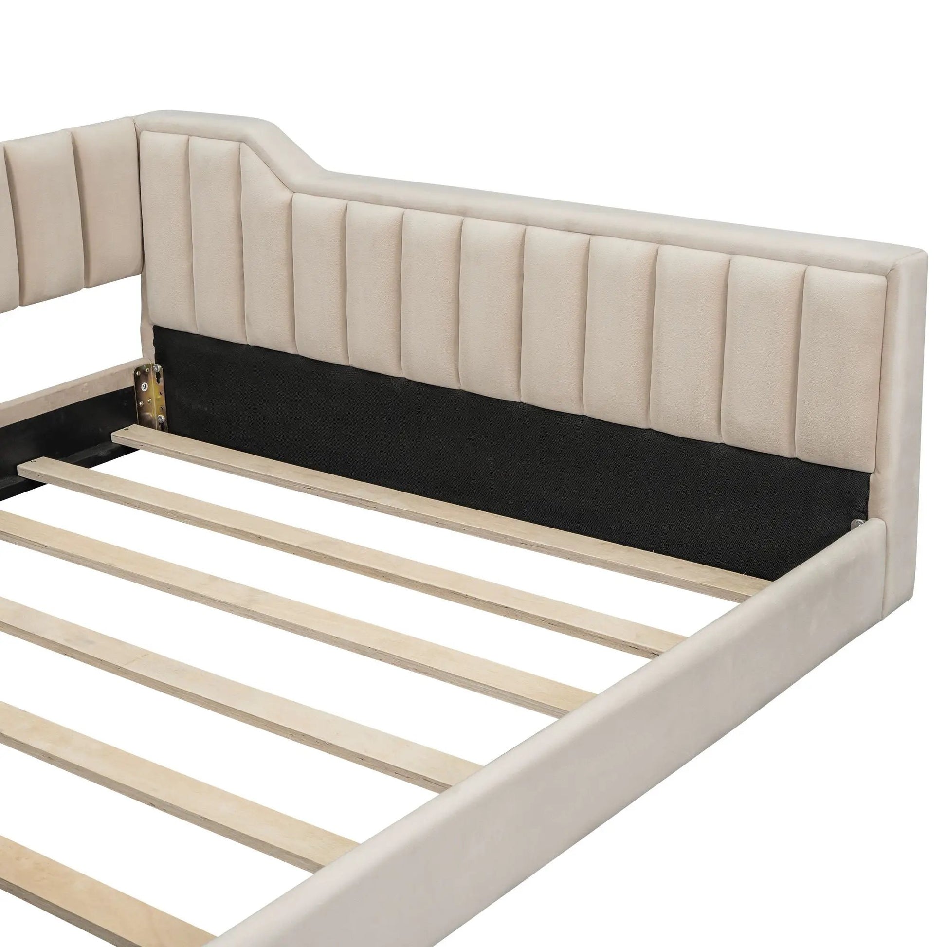 Daybed with side storage pocket, beige tufted upholstery and wood slat base on Tampa Home & Garden Store
