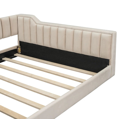 Daybed with side storage pocket, beige tufted upholstery and wood slat base on Tampa Home & Garden Store