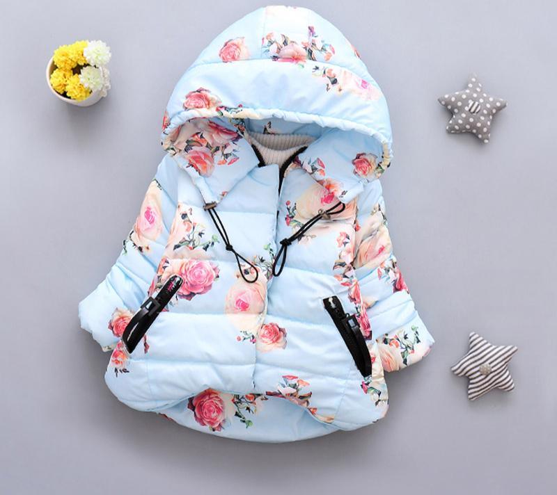 Infant floral print light blue puffer jacket with hood and zip pockets by Stevvex on Tampa Home & Garden Store