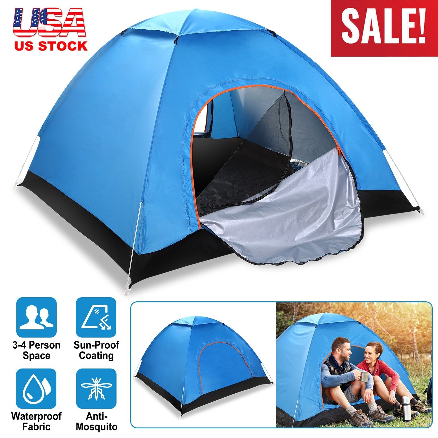 GemGear 4-person blue pop-up tent with 2 mosquito-net doors, instant setup, waterproof on Tampa Home & Garden Store