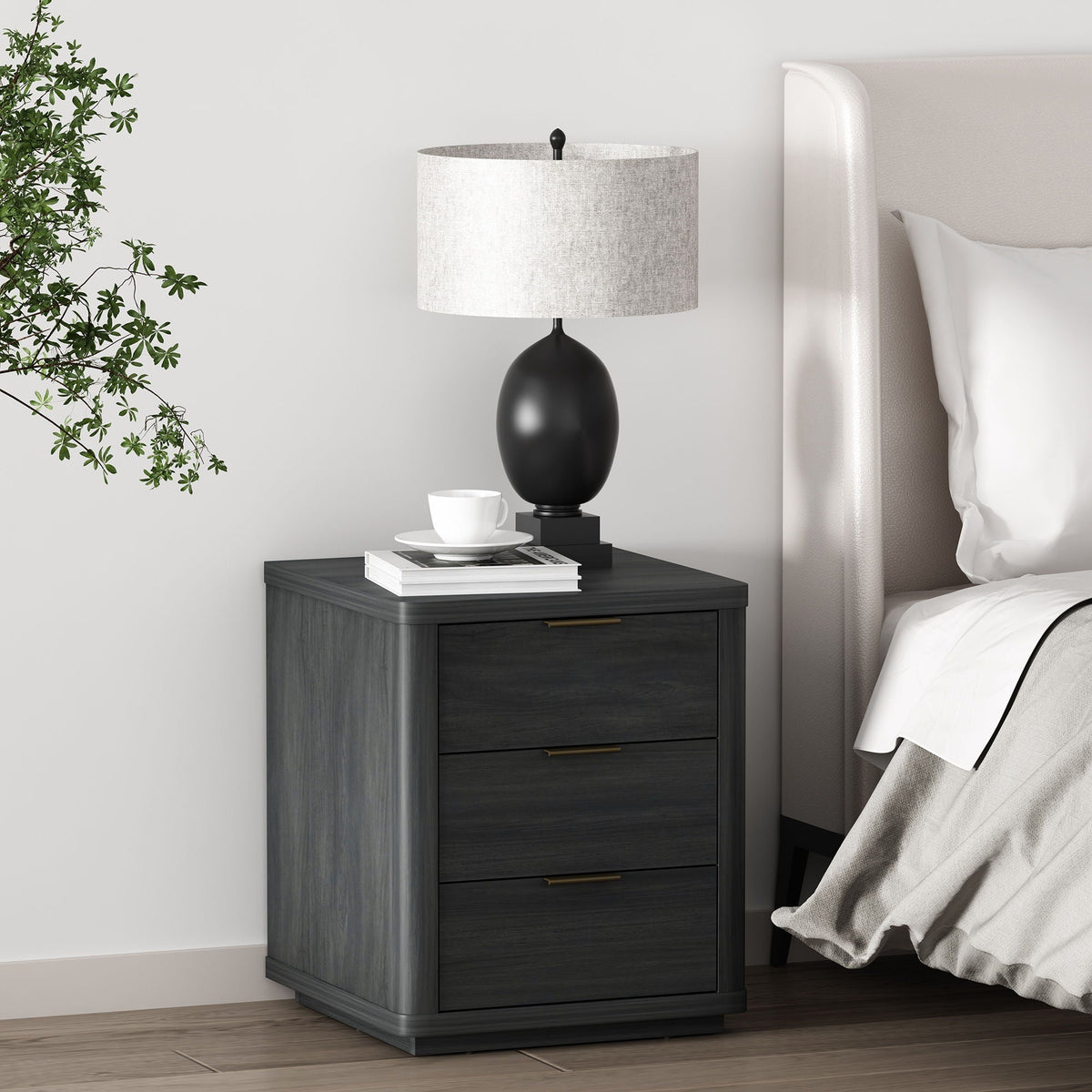Nightstand with 3 Drawers in dark wood finish by HouseOfZazla with a lamp and plant on Tampa Home & Garden Store