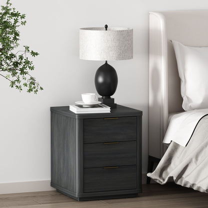 Nightstand with 3 Drawers in dark wood finish by HouseOfZazla with a lamp and plant on Tampa Home & Garden Store