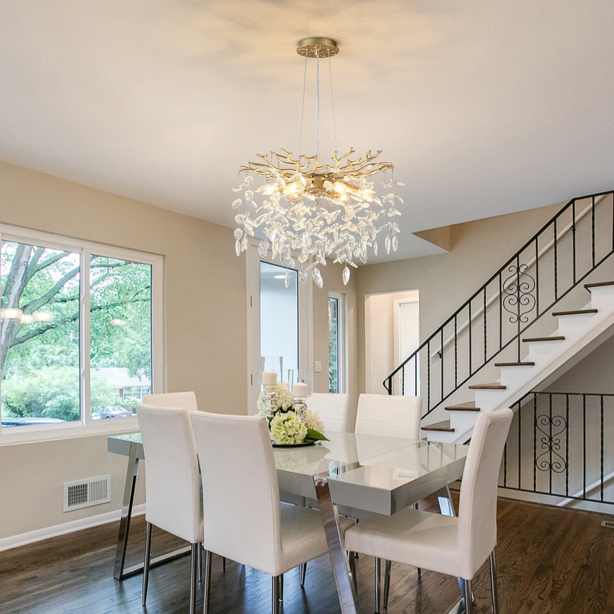 6-Light Chandelier Crystal Ceiling Lamp in Gold Finish by HouseOfZazla with crystal droplets on Tampa Home & Garden Store