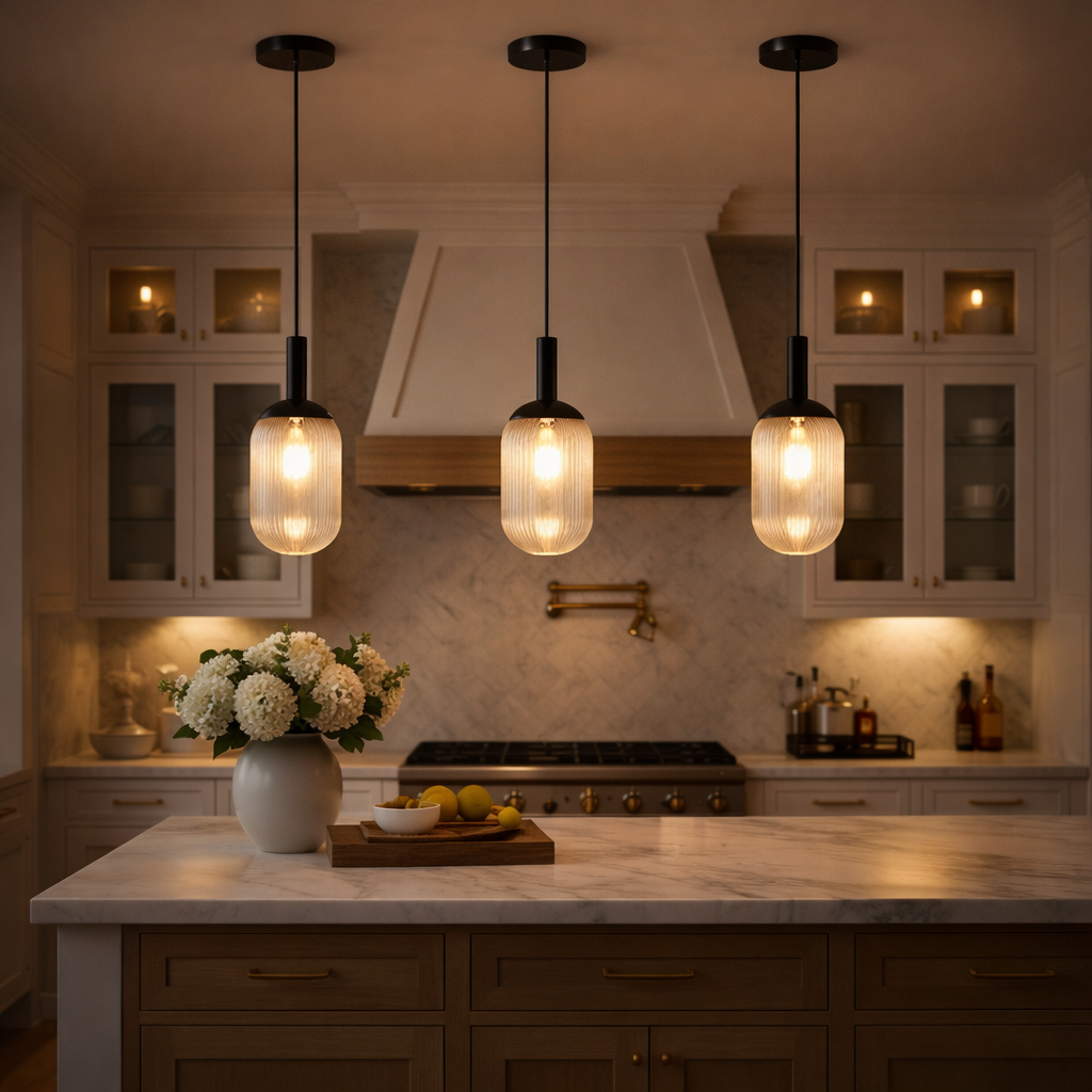 Giza pendant lamps, trio with ribbed glass shades and black canopies over marble kitchen island on Tampa Home & Garden Store